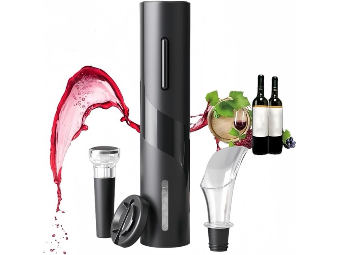 Conjunto Abridor Elétrico De Garrafas – Saca-rolhas Elétrico – Acessório Para Vinho – 5x5x25 Cm – Abs – Preto