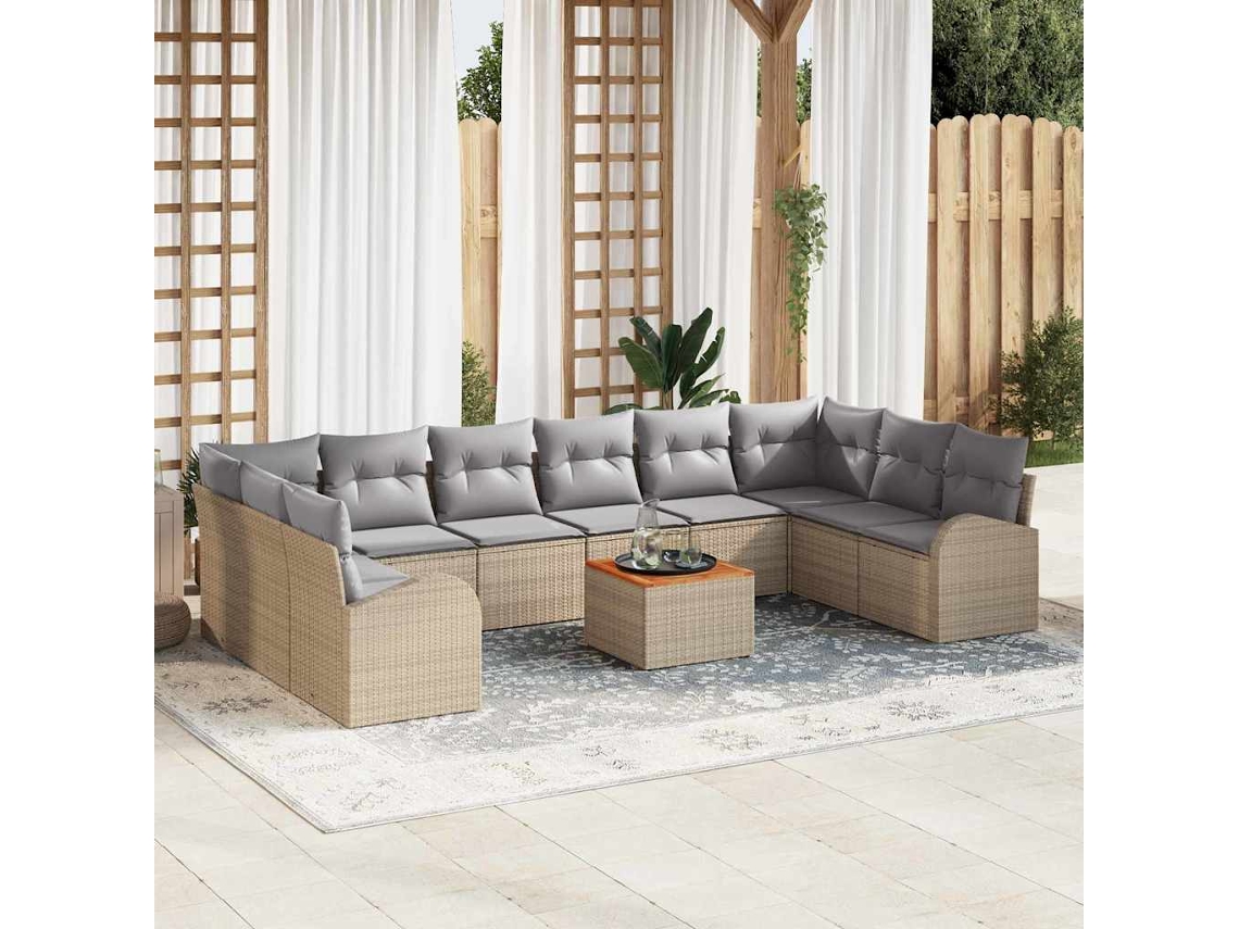 Vidaxl Conjunto De Sofá De Jardim Com Almofada 11 Pcs Bege Vime Pe