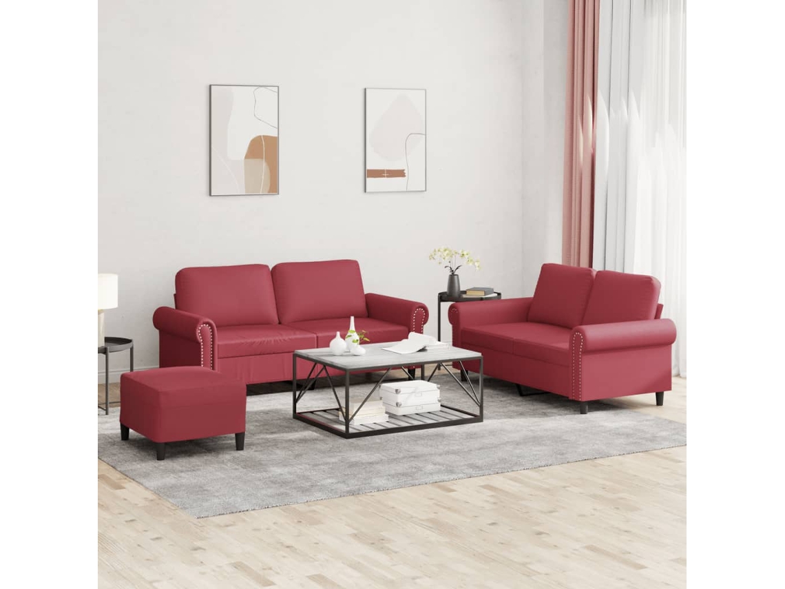 Vidaxl 3 Pcs Conjunto Sofás C/ Almofadões Couro Artif. Vermelho Tinto