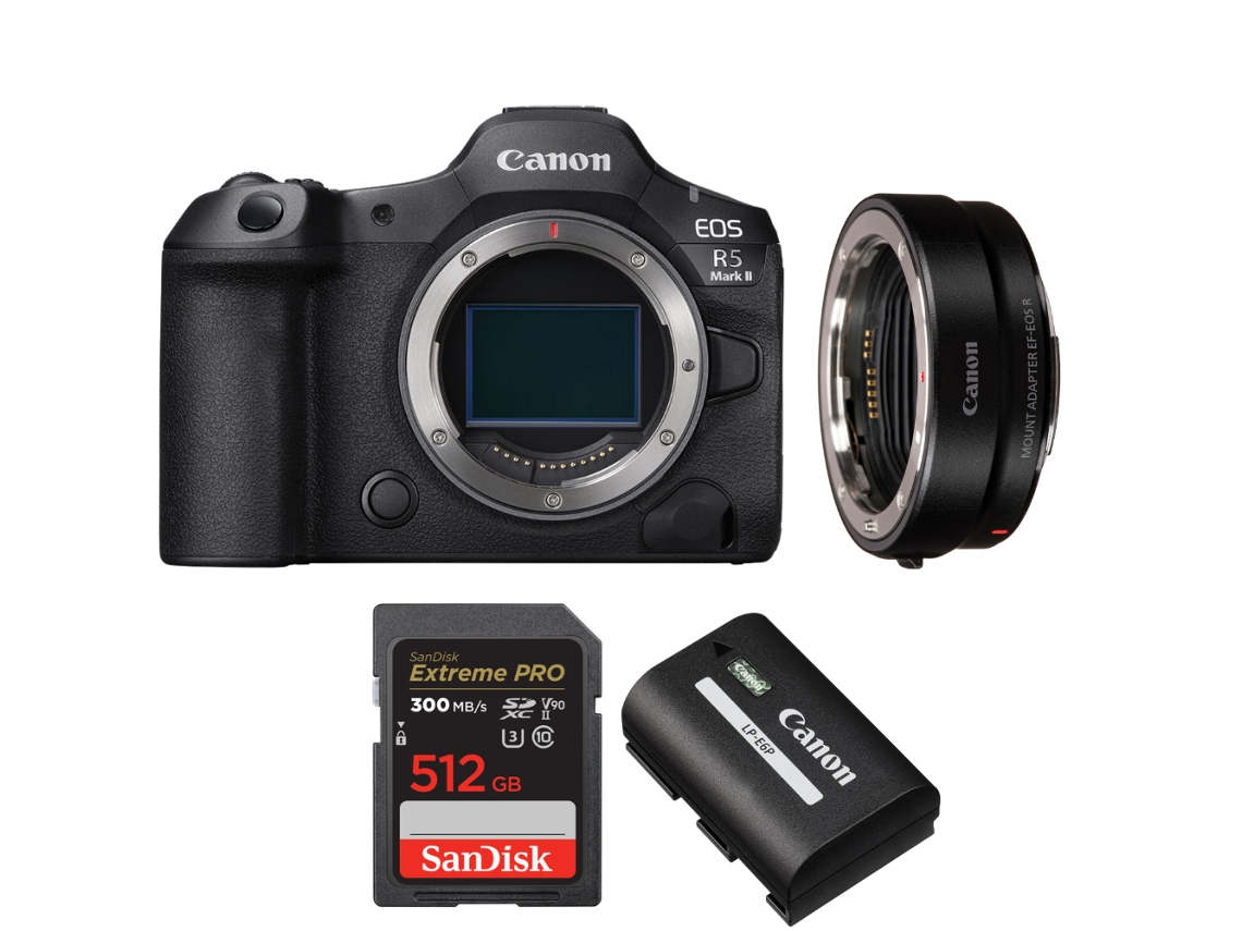 Eos R5 Mark Ii + Ef eos R + 1 Sandisk 512gb Uhs ii 300mb/s + 1 Canon Lp e6p + Ebook “20 Dicas para Fotos Que Impressionam” CANON