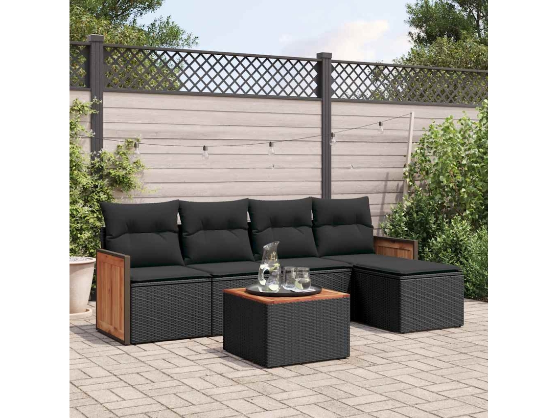 Vidaxl 6 Pcs Conjunto Sofás De Jardim C/ Almofadões Vime Pe Preto