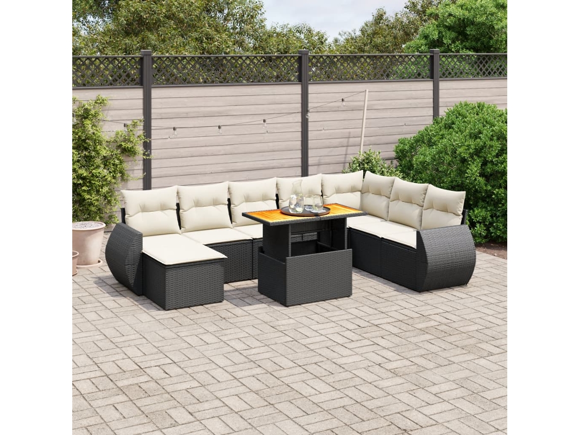 Jogo de Sofá 9 Peças P/ Jardim C/ Almofadões Vime Pe Preto Dkd Home Decor
