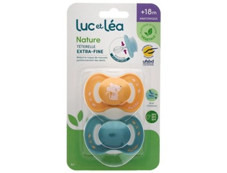 LUC ET LÉA Nature 2 Chupetas Anatómicas Téterelle Extra-Finas 18 meses Modelo Rato jovem e azul