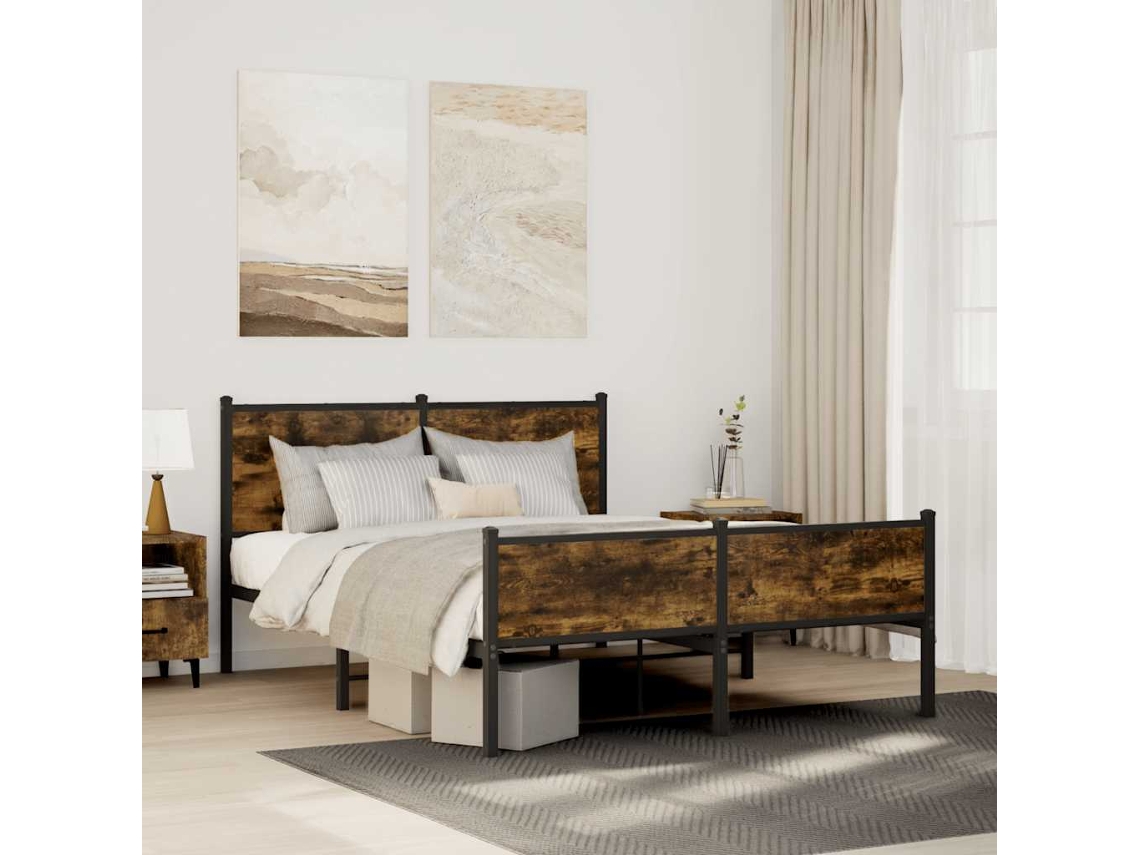 Estrutura De Cama Sem Colchão 140x190 Cm Metal Carvalho Fumado