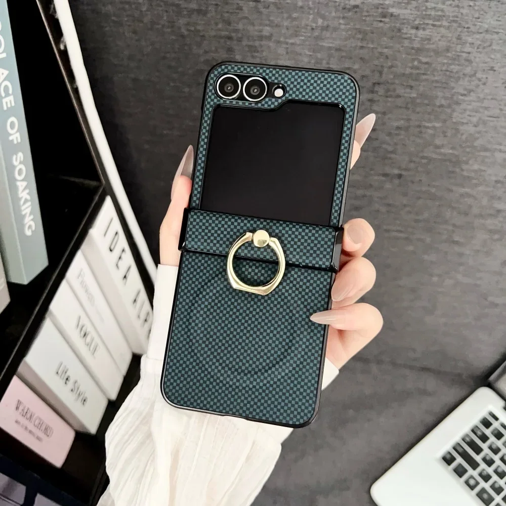 (verde Escuro, Galaxy Z Flip7) Capa Magnética Para Celular Em Couro Com Padrão Xadrez E Suporte De Anel Articulado.