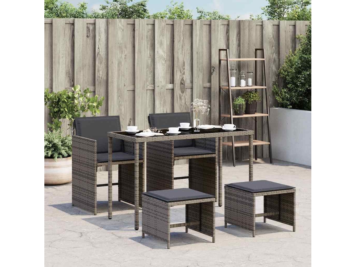 Vidaxl 5 Pcs Conjunto De Jantar P/ Jardim C/ Almofadões Vime Pe Cinza