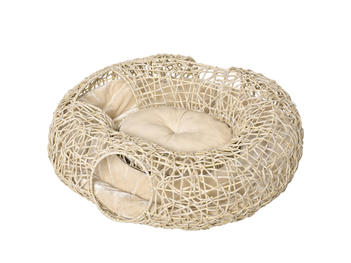 Cama para Gatos de Vime com Almofada, 3 Orifícios, Canal em Anel, 78x69x22cm, Natural
