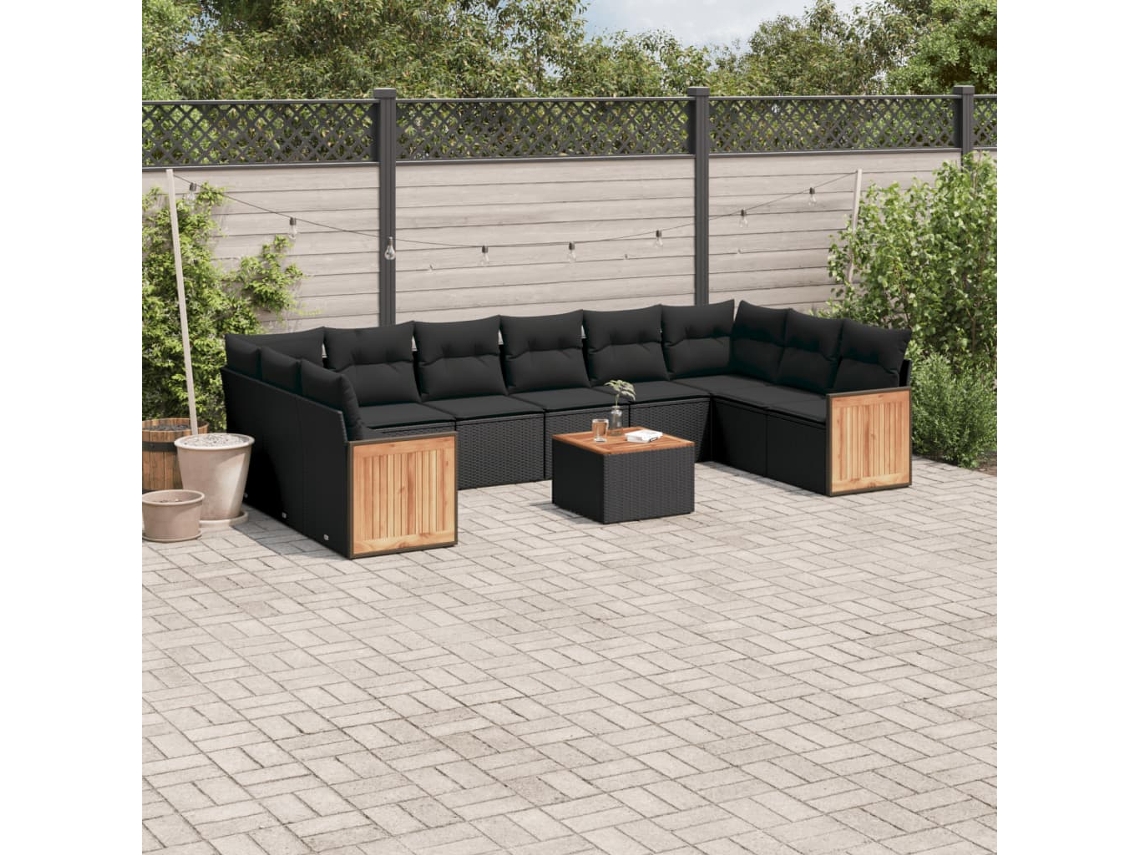 Vidaxl 11 Pcs Conjunto Sofás De Jardim C/ Almofadões Vime Pe Preto