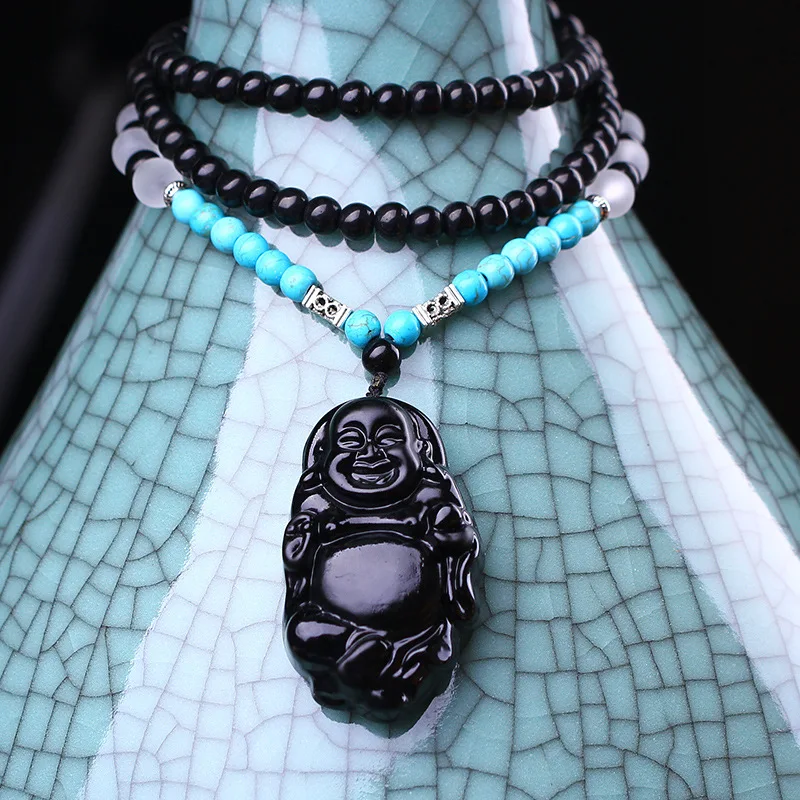 Colar Com Pingente De Obsidiana Pixiu, Amuleto De Buda Amitabha