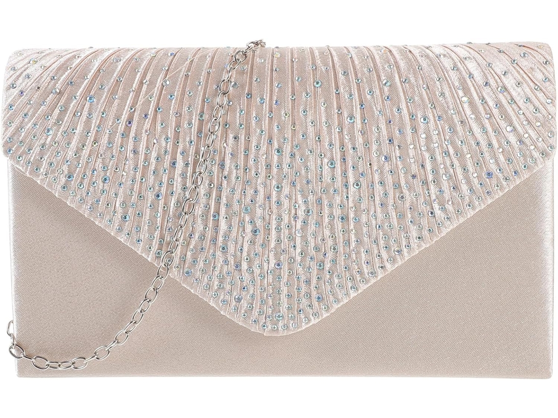 Clutch Envelope Em Poliéster Bege Com Strass Brilhantes, Design Espaçoso E Elegante Para Casamentos.