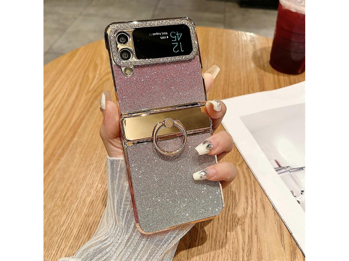 Capa Para Celular Samsung Galaxy Z Flip3 5g Com Glitter E Efeito Céu Estrelado Em Policarbonato Eletrodepositado, À Prova De Choque E Com Anel De Fixa