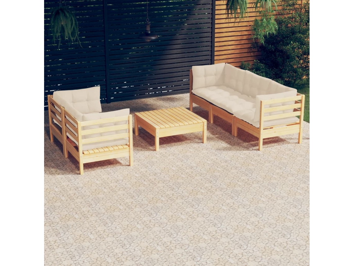 Vidaxl 6 Pcs Conjunto Lounge Jardim C/ Almofadões Cor Creme Pinho