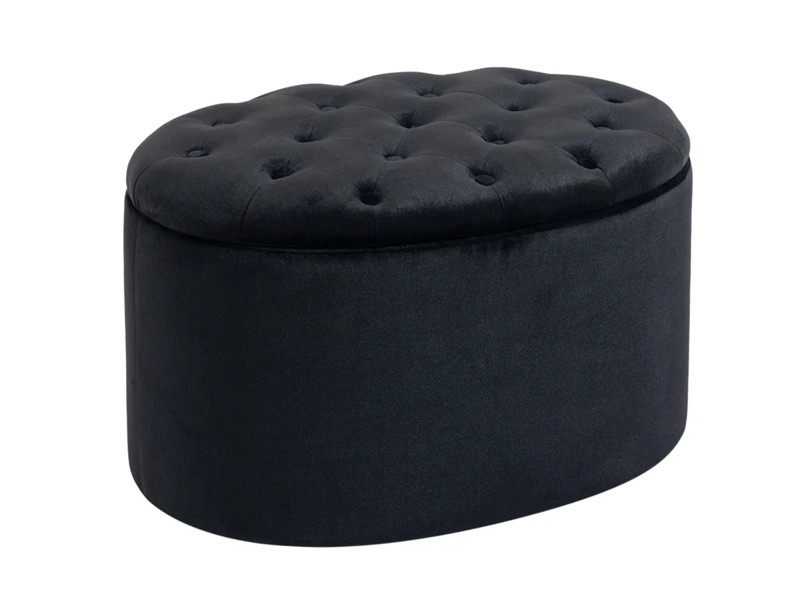 Banco Estofado Preto Oval 71x52x42cm Veludo Seringueira BRAVENTO