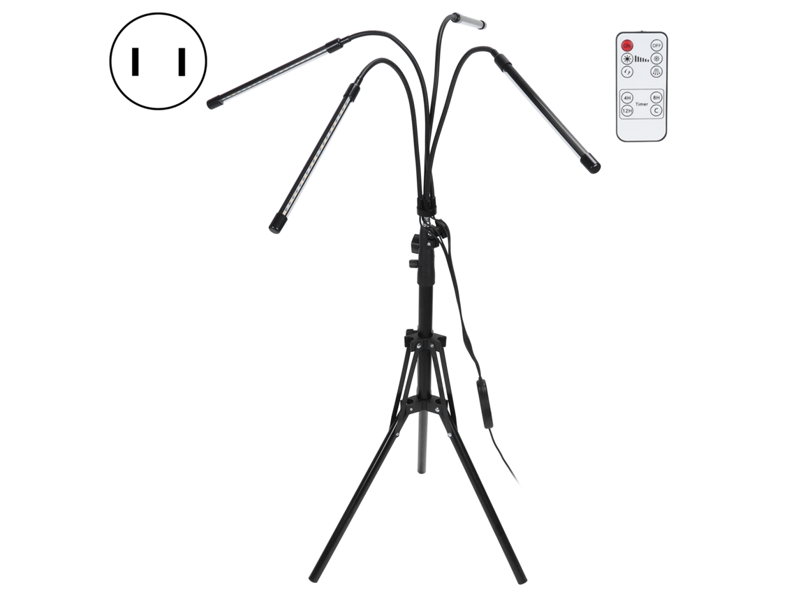 Luz de crescimento de planta com tripé ajustável, 4 cabeças, controle remoto, temporizador, 80w, plug US | S/MARCA
