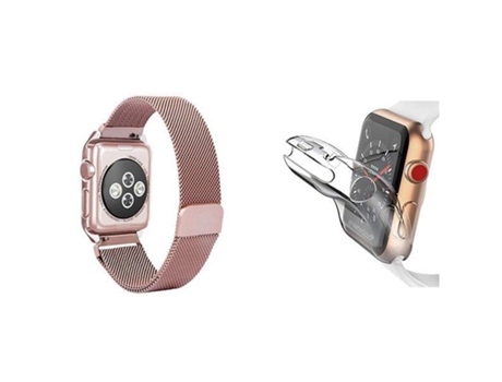 Kit Pulseira Bracelete Milanese Loop Fecho Magnético Capa 360° Impact Protection Apple Watch Series 4 44Mm ATYULNM Rosa