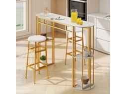 Mesa De Bar 150 Cm Com Aparência De Mármore, Estrutura Dourada E 4 Prateleiras