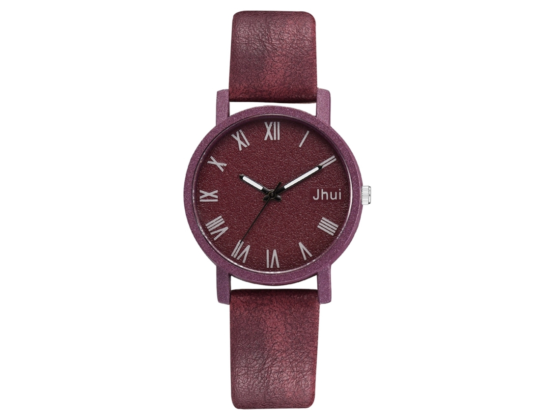 Relógio de Pulso Feminino Simples com Pulseira Pu Quadro Redondo Relógio de Quartzo Vermelho