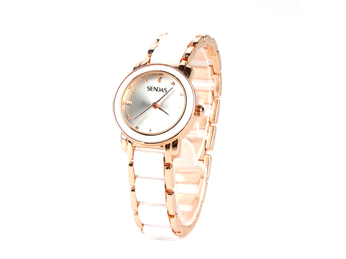 Relógio de pulso feminino Senda com mostrador redondo, strass e movimento de quartzo (ouro branco)