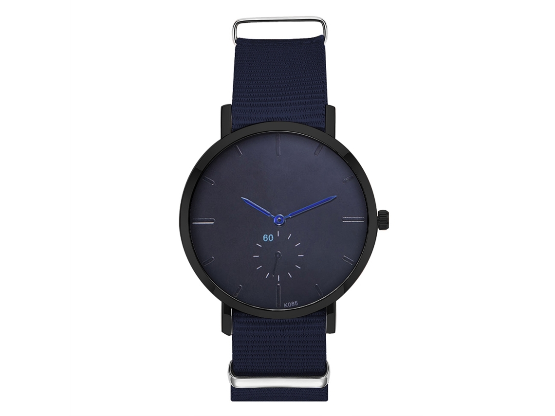 Relógio de casal moderno com pulseira de nylon, mostrador redondo e mecanismo de quartzo azul.