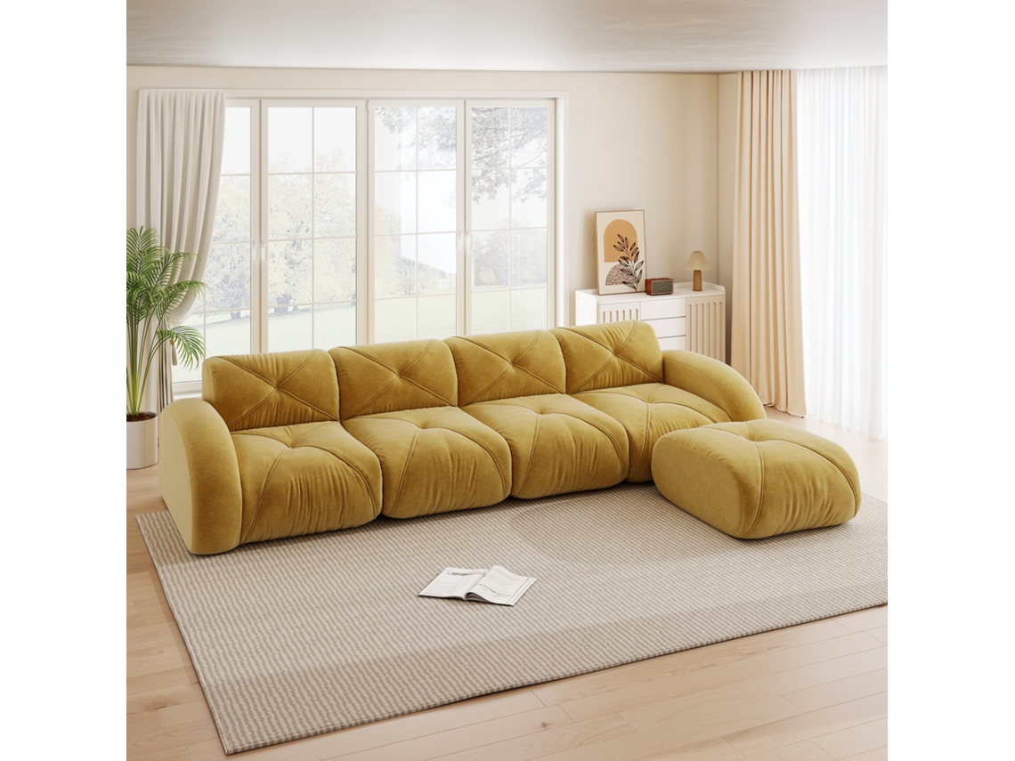 Sofá Em L Modular, Sofá De Canto Para 4 Lugares, Base Antiderrapante, Pronto Para Uso, Com Apoio Para Os Pés, Amarelo.