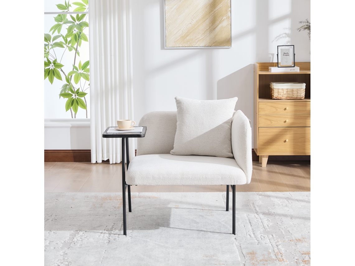 Poltrona Moderna, Encosto Em Tecido, Dois Compartimentos, Mesa Lateral.