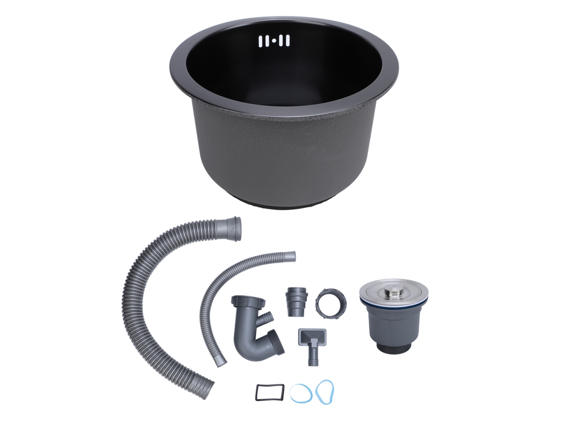 Mini pia de cozinha redonda Nano, aço inoxidável 304, com ralo, 28 cm, preta