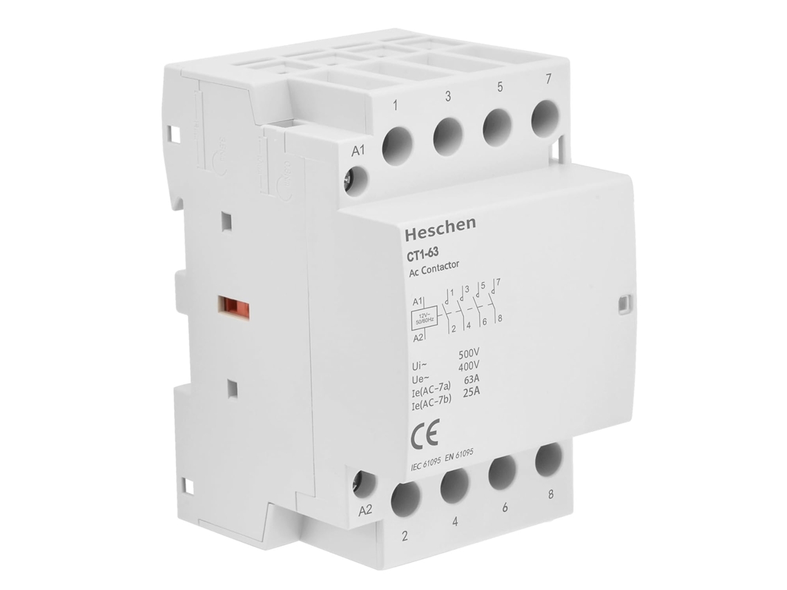 Contator CA Heschen Home, CT1-63, IE 63A, 4 polos, quatro normalmente abertos, tensão da bobina de 12 V CA, montagem em trilho DIN de 35 mm