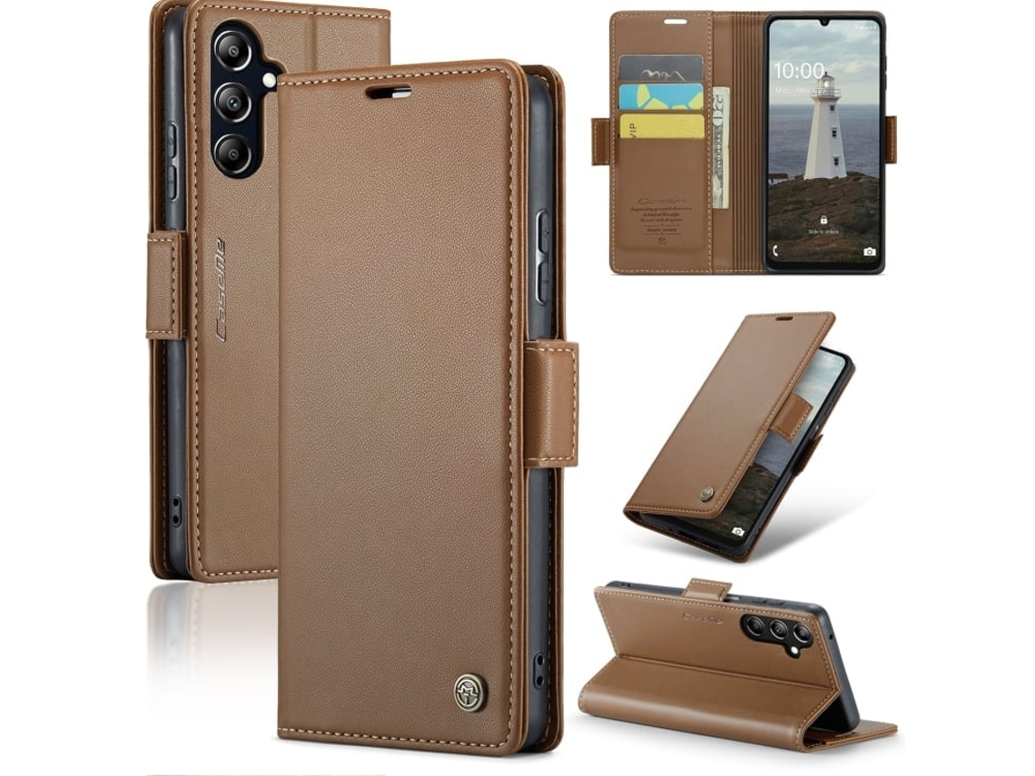 Capa Para Samsung Galaxy A16 5g De Couro Com Textura De Lichia E Fecho Borboleta Com Proteção E Sistema Rfid Antirroubo Marrom