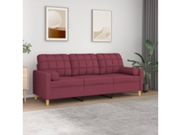 Vidaxl Sofá 3 Lug. + Almofadas Decorativas 180cm Tecido Vermelho Tinto