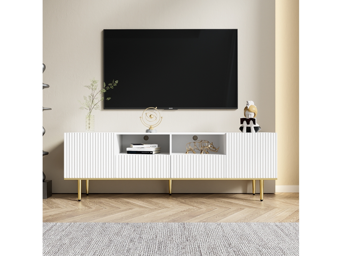 Móvel para TV KOMHTOM, portas ranhuradas, 165x36x55 cm, LED 16 cores, frente laqueada, branco brilhante