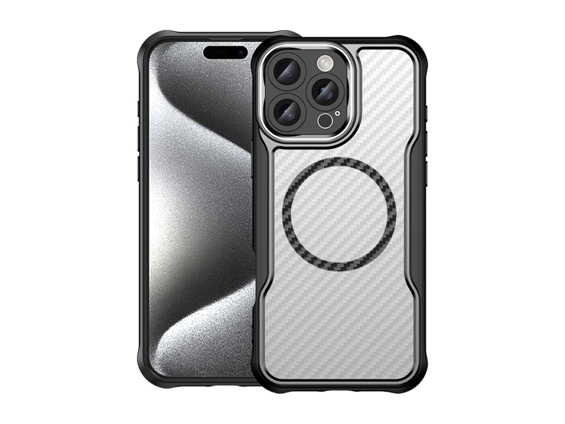 Capa Transparente Para Iphone 16 Pro Max - Textura De Fibra De Carbono - Magsafe
