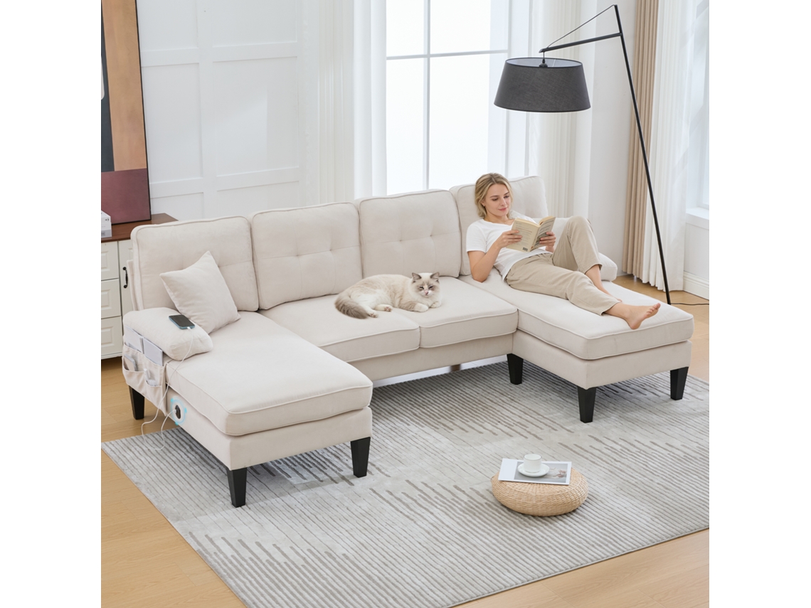 Sofá U 4 Lugares Linho Chaise Longue Bege Sala Estar VOLTEDGE