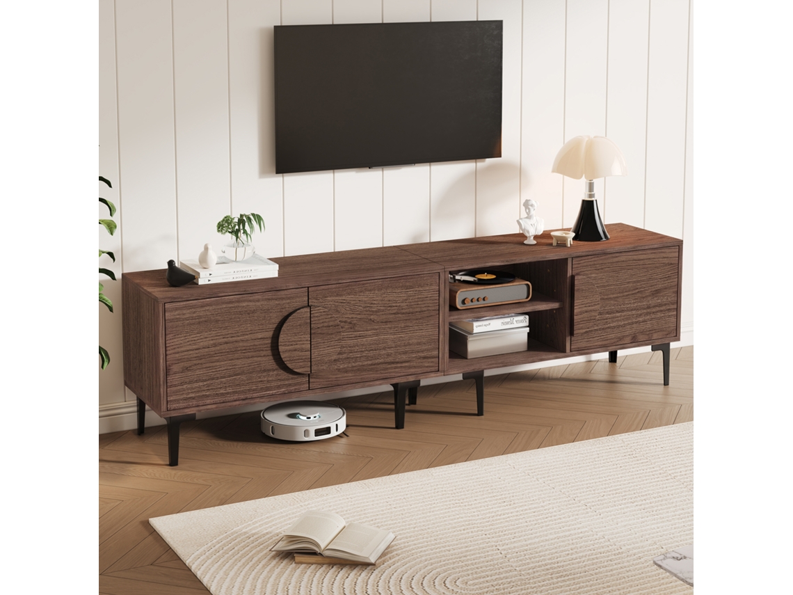 Móvel Tv 180*35*49cm Com Compartimentos Abertos, Cor Nogueira Escura, Compatível Com Tv Até 80 Polegadas