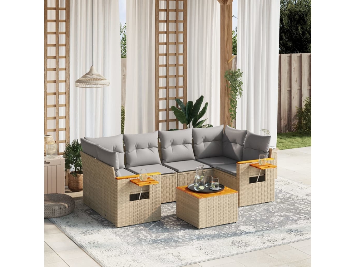 7 Pcs Conjunto De Sofás P/ Jardim Com Almofadões Vime Pe Bege Dkd Home Decor