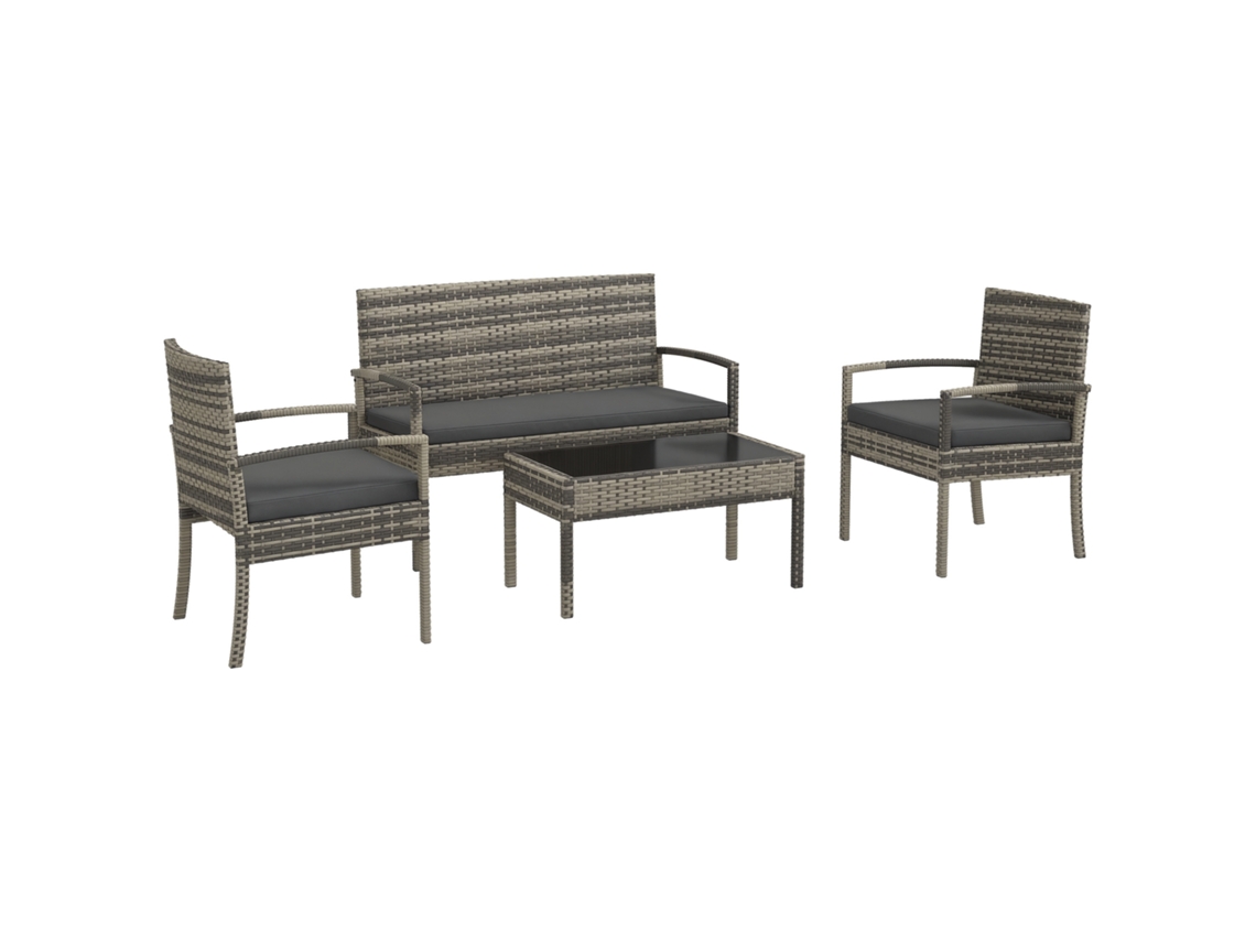 Conjunto Jardim 4 Peças Duas Poltronas, Sofá Duplo e Mesa Tampo Vidro Cinza QINGYU TECH