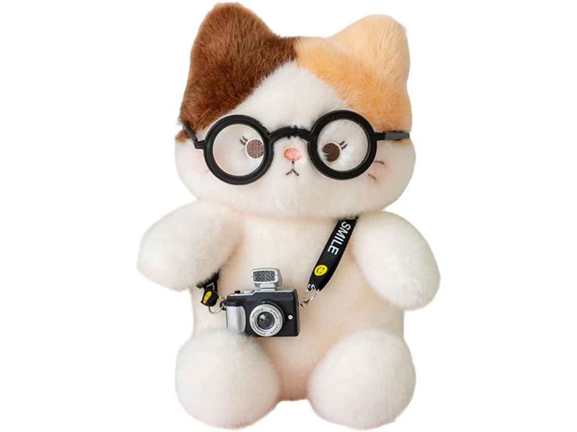 Gato de Pelúcia Fofinho, Estiloso Com Óculos e Mini Câmera, Almofada