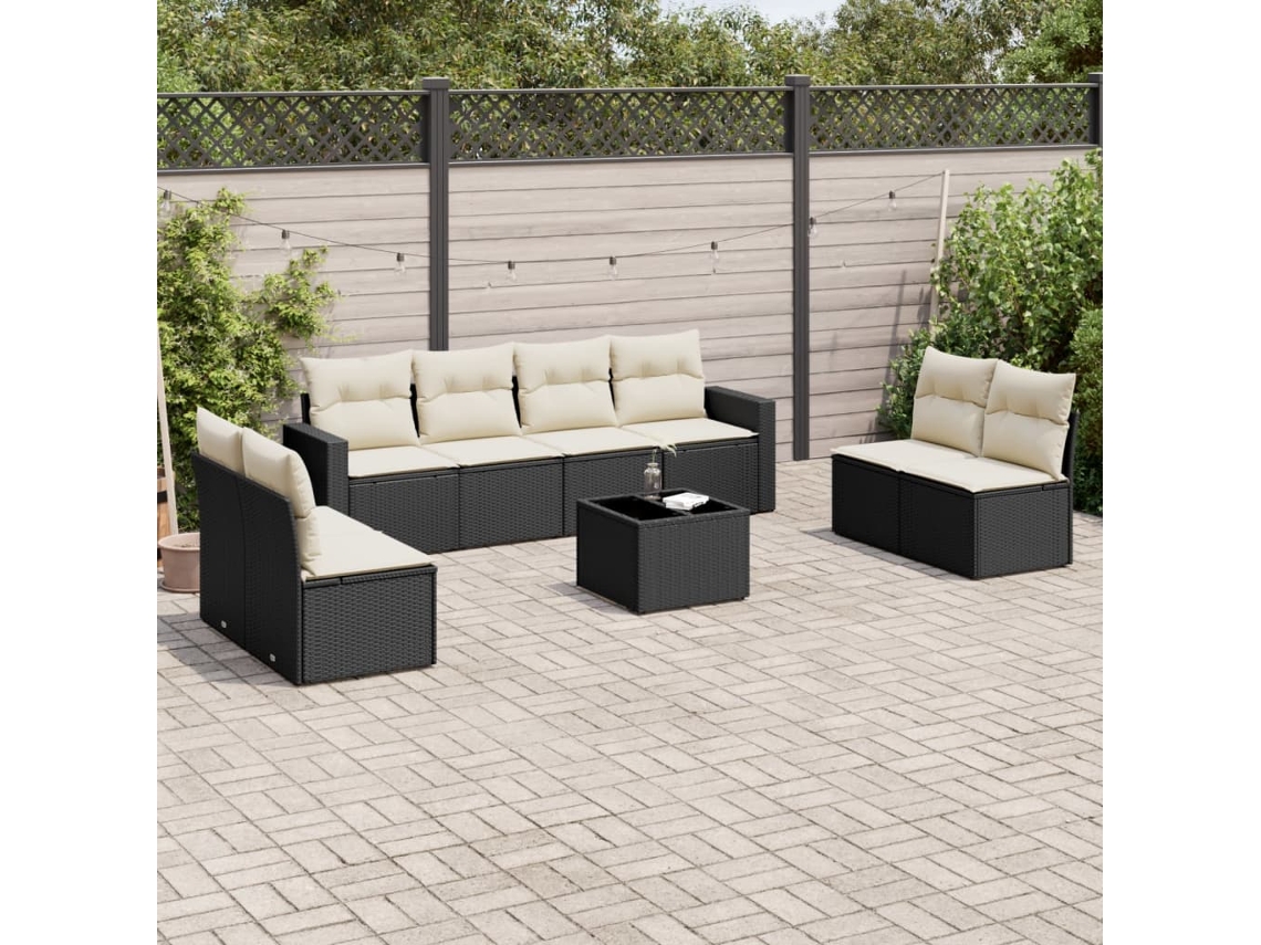 Vidaxl 9 Pcs Conjunto De Sofás P/ Jardim C/ Almofadões Vime Pe Preto