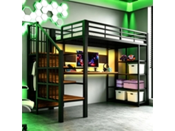 Cama Alta em Ferro 90 × 200 Cm Secretária Comprida, Painel Perfurado Comprido, Tomadas Europeias, Luz Led, Várias Prateleiras, Grade Alta Preto NOVELA