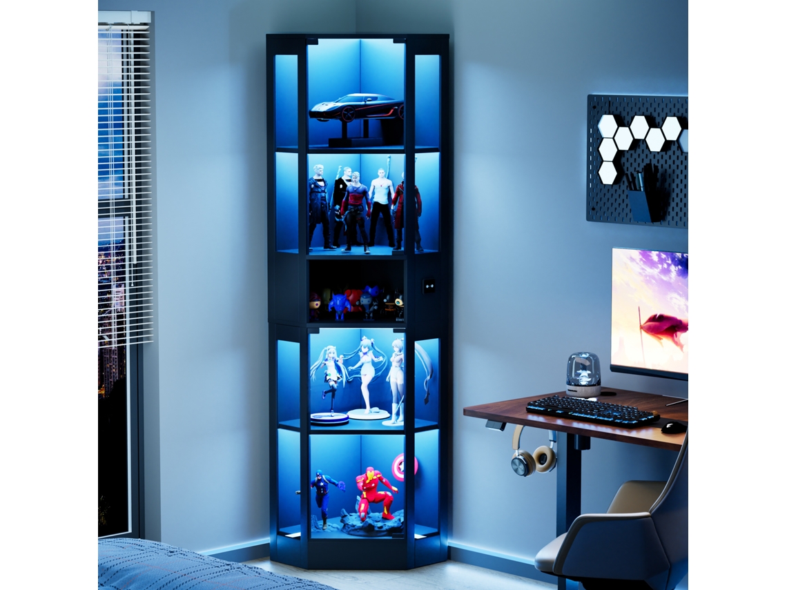 Vitrine com 5 Prateleiras Led Sensor Portas Vidro Preta ZACHARY