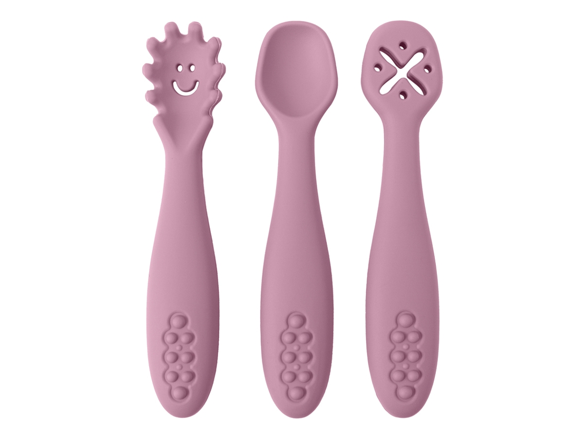 Conjunto de Talheres de Silicone para Bebê com 3 Peças, Incluindo Colher e Garfo Macios. MDUG (rosa)