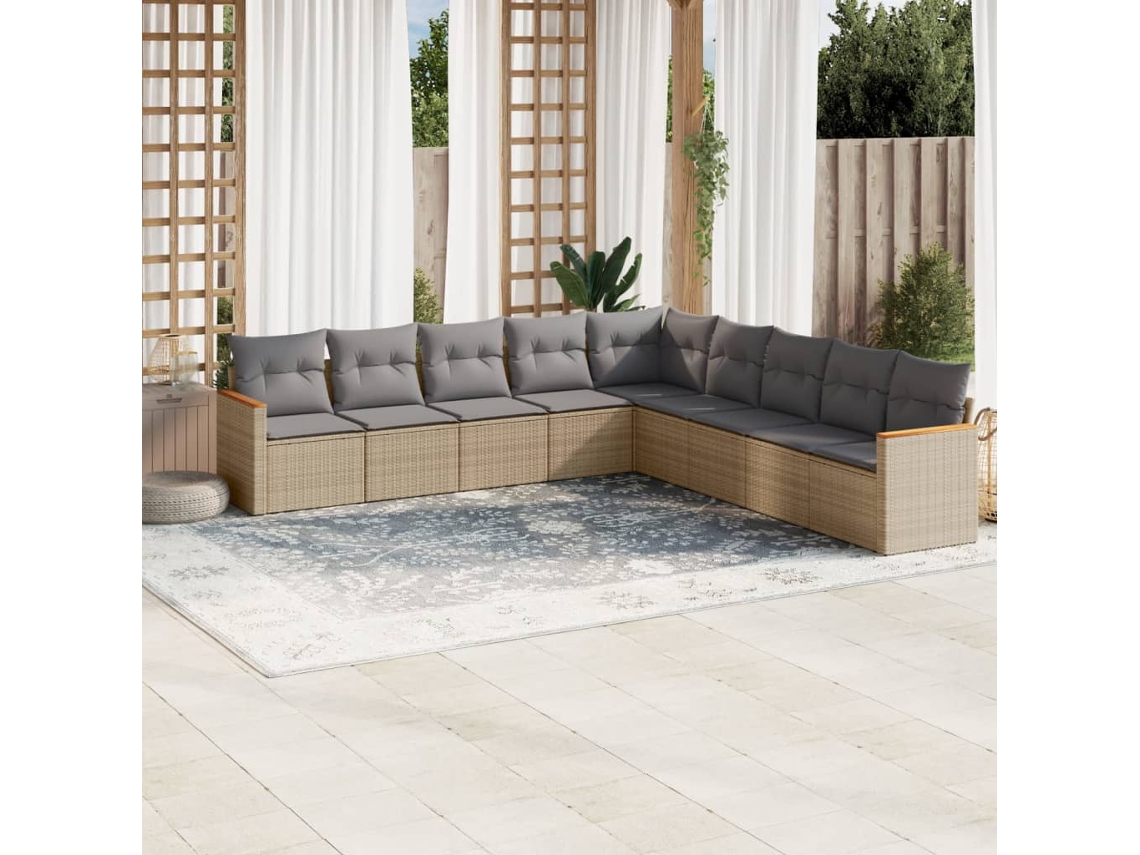 Vidaxl 9 Pcs Conjunto De Sofás P/ Jardim Com Almofadões Vime Pe Bege