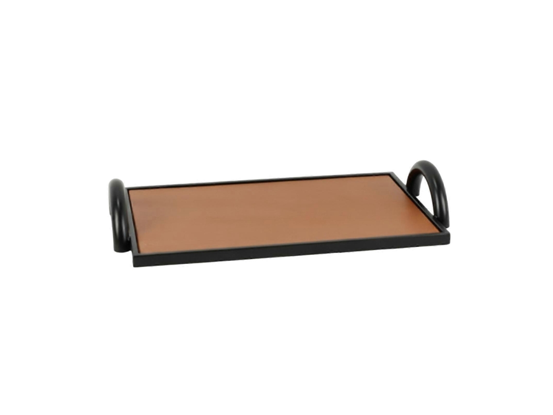 Bandeja Retangular De Metal Com Bordas Elevadas E Alças Em Formato De Laço, Design Minimalista.