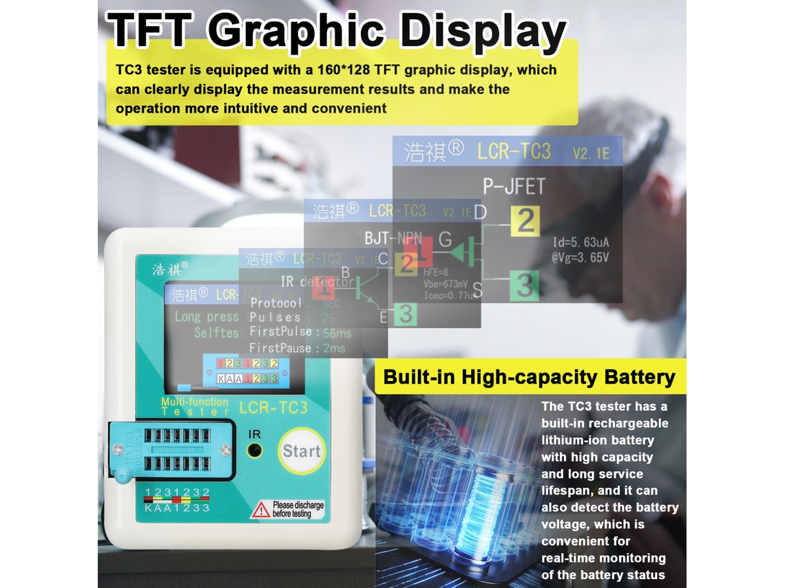Tester multifuncional transistor, diodo, resistor com display TFT | S/MARCA