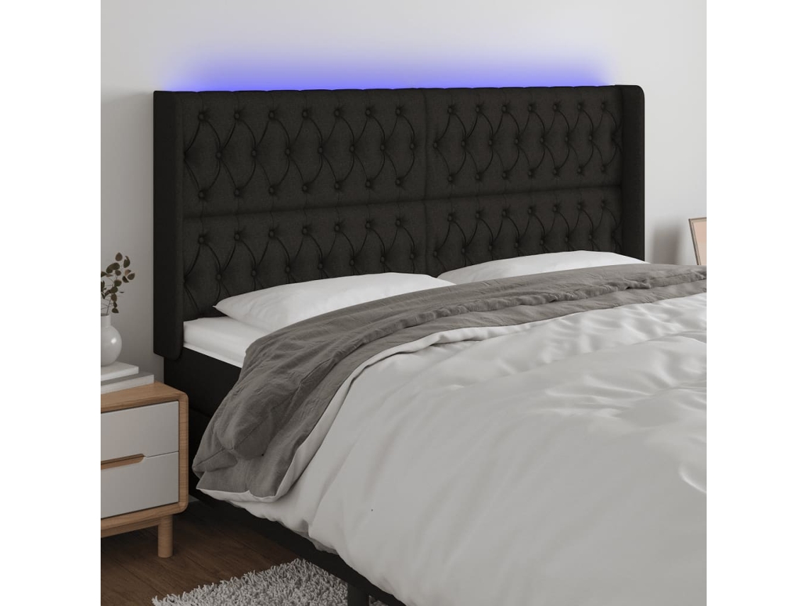 Vidaxl Cabeceira De Cama C/ Luzes Led Tecido 203x16x118/128 Cm Preto