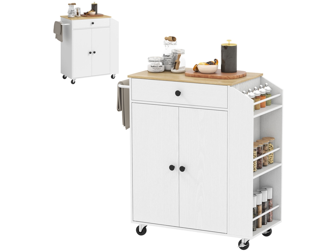 Ilha de cozinha com rodas, bancada extensível, 4 portas, prateleiras ajustáveis, suporte para temperos e toalhas 82x38x86,5cm branco ZENCORE SERVICES