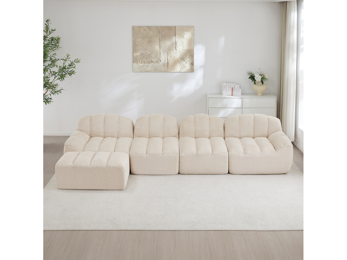 Sofá Modular 4 Lugares, Forma De Concha, Assento Profundo, Tecido Macio Granulado, Bege Branco