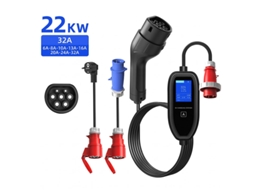 Carregador Portátil Carro Elétrico Tipo 2 SZSMART K09 22kw 32a Trifásico, 3 em 1 Fichas Cee e Schuko, App/ecrã Lcd, Cabo 5m