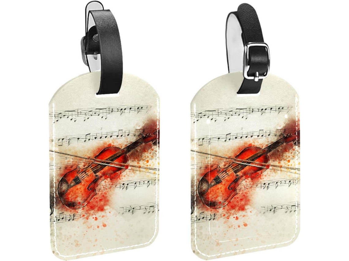Conjunto De 2 Etiquetas Bagagem Retrô Em Couro Sintético Violino E Nota Musical