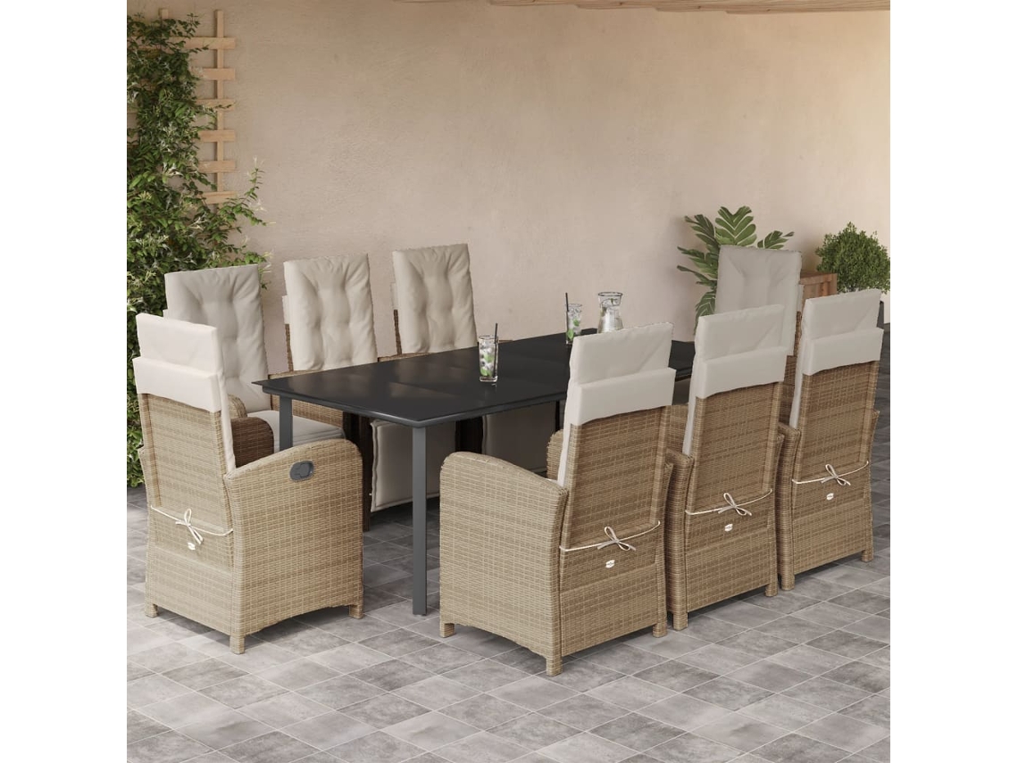 Conjunto 9 Peças Jantar P/ Jardim Com Almofadões Vime Pe Bege Dkd Home Decor