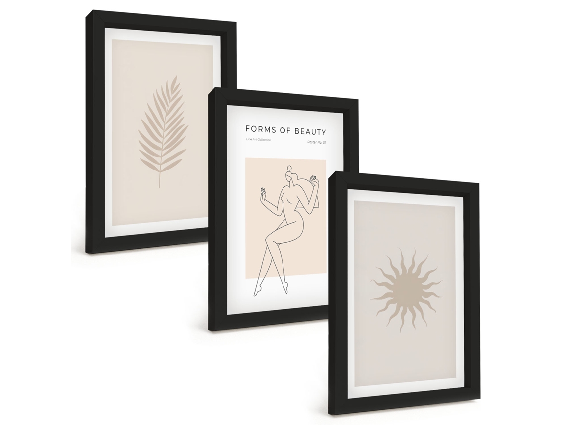 Conjunto De Pinturascoleção De Formas Minimalistas Moldura Preta Quadros Para A Sala De Estar Espelharte (3 Peças 20x30 Cm)